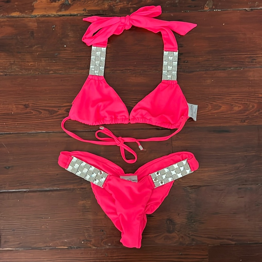 Beach Bunny Hot Pink Bikini with Crystal and Silver Embellishments S